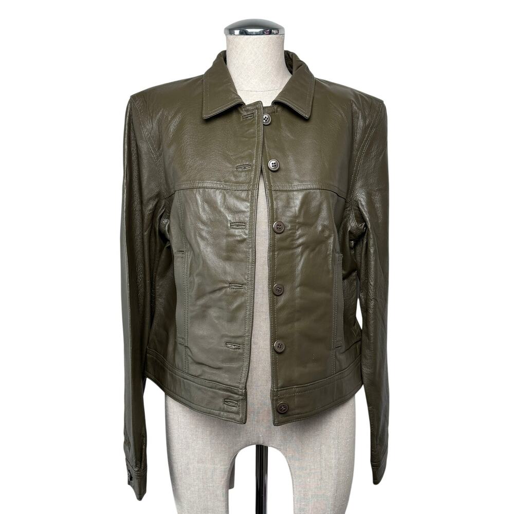 Vintage Newport News Olive Green Leather Jacket Button Front 90s Y2K Sz 14